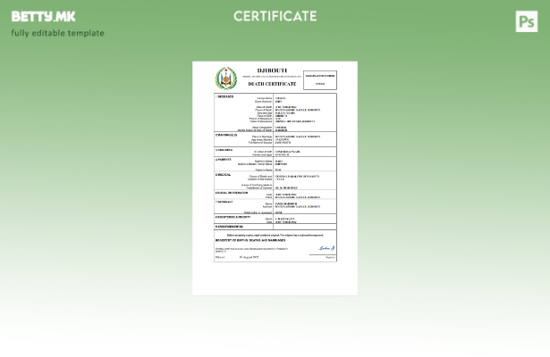 Модерен стил Џибути сертификат за смрт Шаблон Word и PDF шаблон